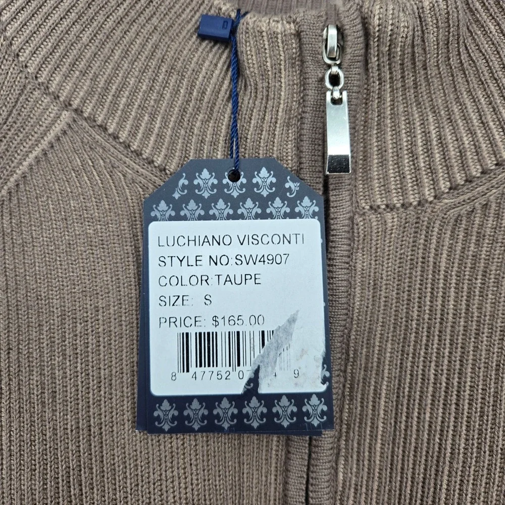 NWT Luchiano Visconti Mens S Taupe Brown Knit Sweater 1/4 Zip Quiet Luxury